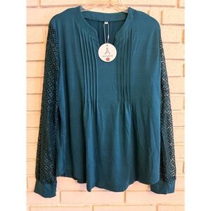Anrabess Green Pleated Front -Lace Long Sleeve V-neck Top Size XL NEW